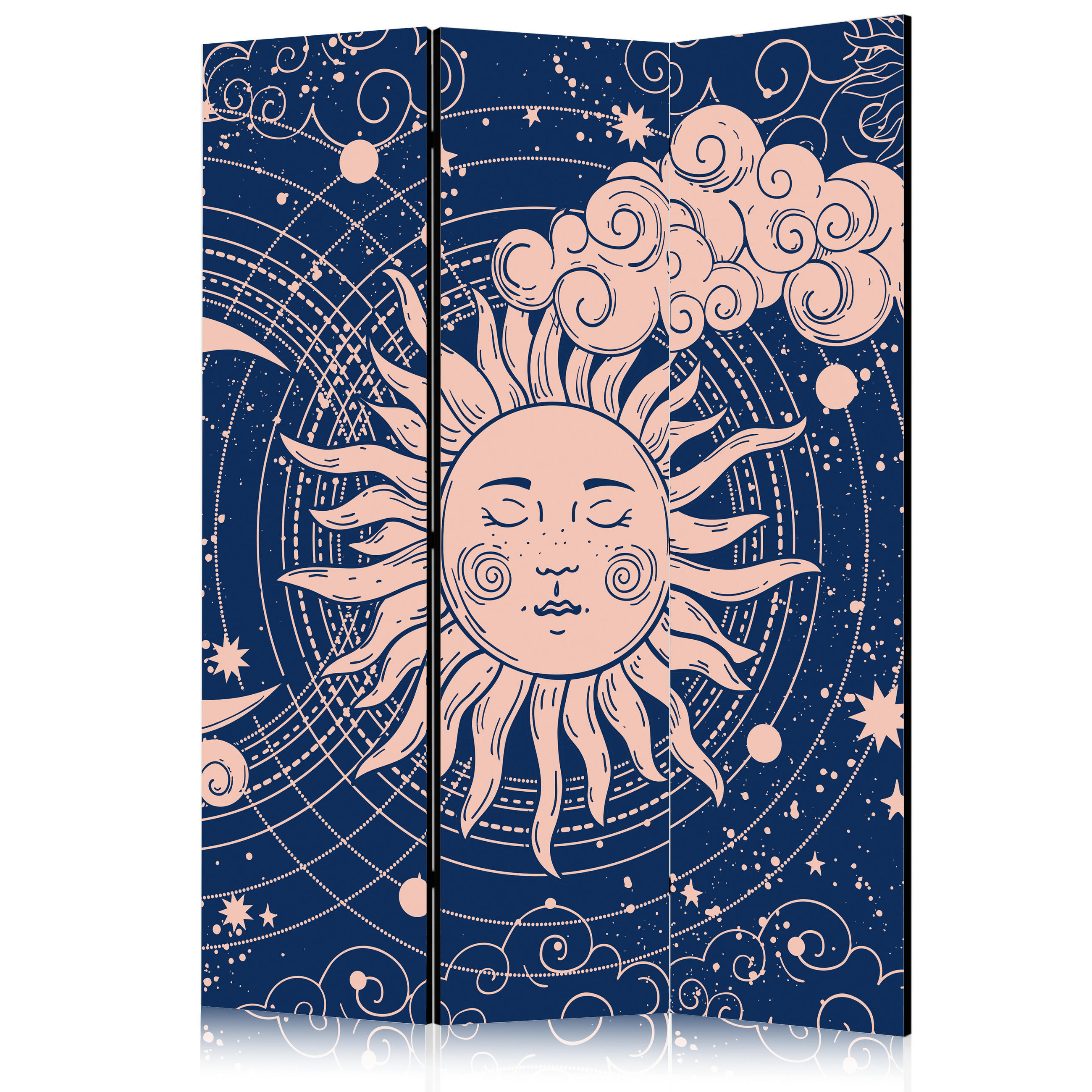 PARAVENT Akustik 3-tlg 135x172 cm Sonne Wolken Mond Boho - Blau, Holz/Textil (135/172/3cm) - Muralo