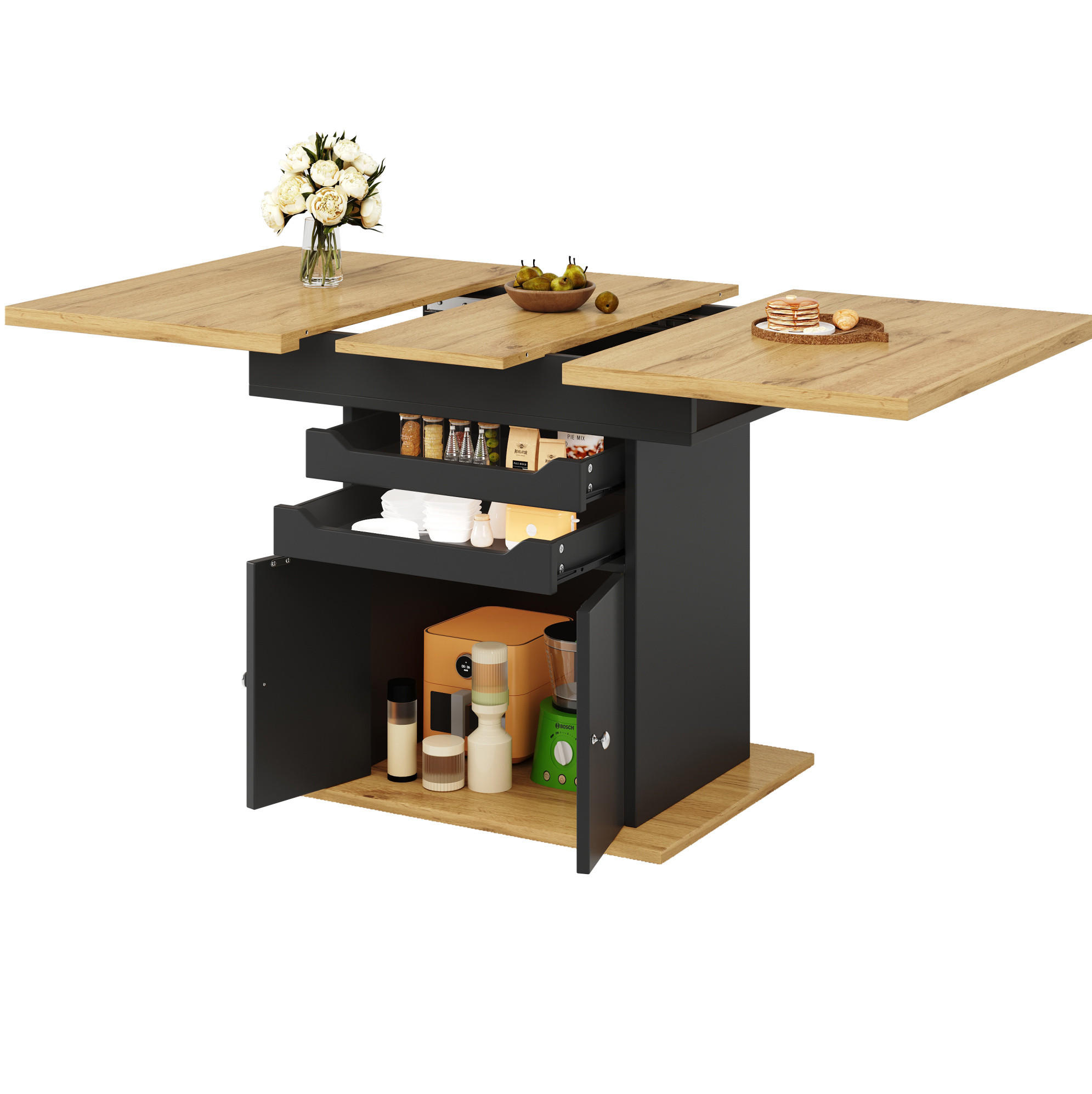 Modfu JÍDELNÍ stůl 110-140x80x76 cm černý z MDF s úložným prostorem a rozkládací deskou