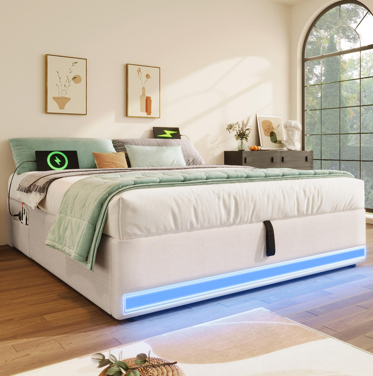 TAPECIRANI krevet 140/200 cm s LED osvjetljenjem, USB i Type-C priključkom te hidrauličnim pretincem, Bež - bež, tekstil (140/200cm) - Redom