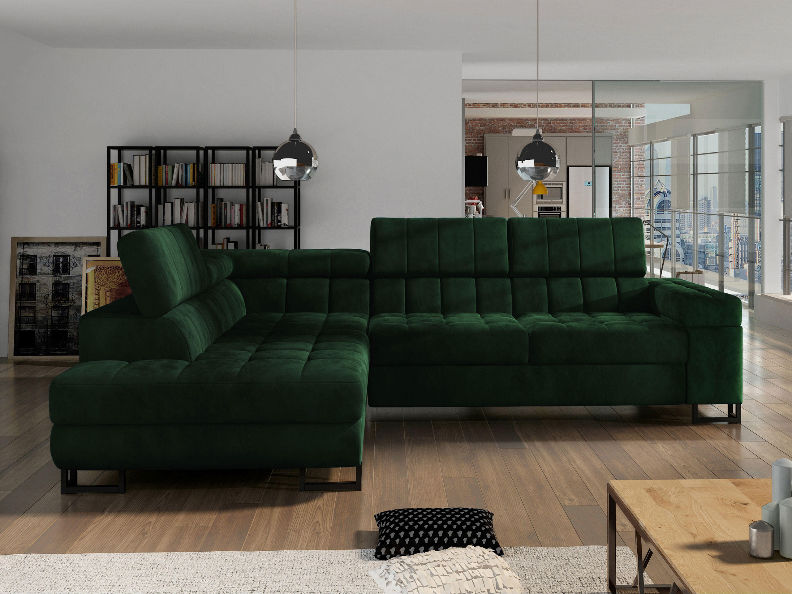 ECKSOFA Laris, Seite: Links - Dunkelgrün/Schwarz, Holz/Textil (271/203cm) - MIRJAN24
