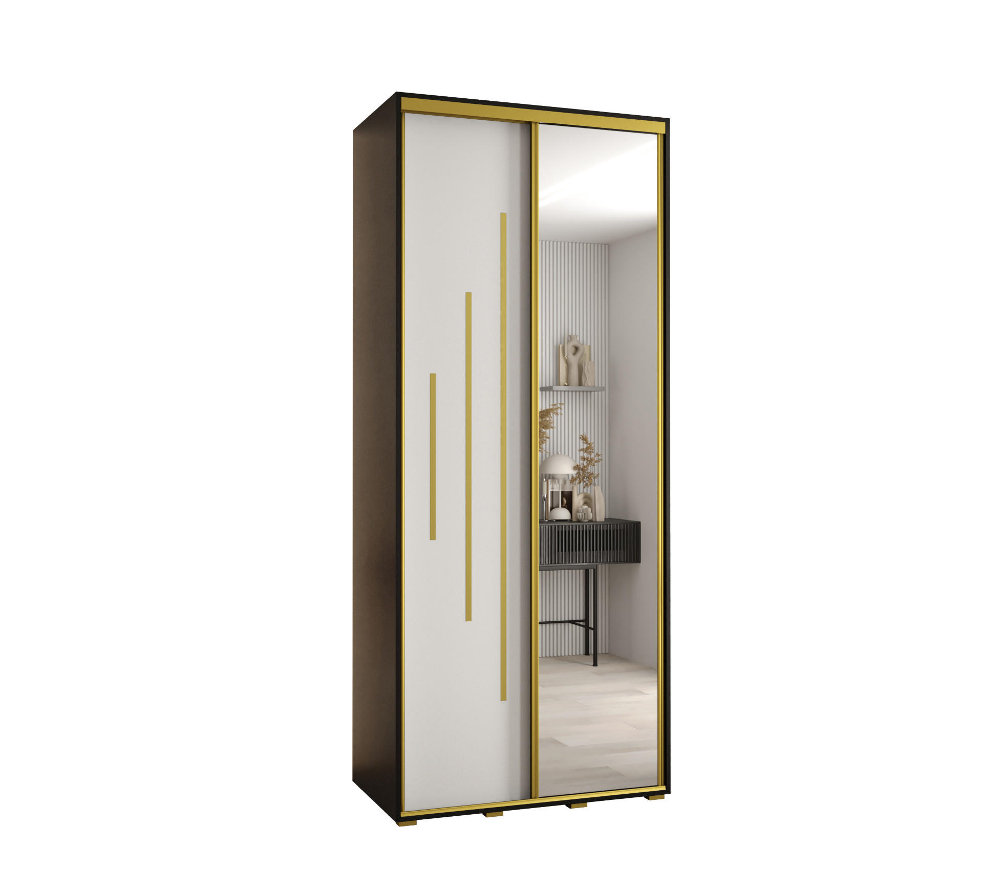 Abiks Möbel Schwebetürenschrank Schwarz, Weiß, Gold 100x235x45 cm