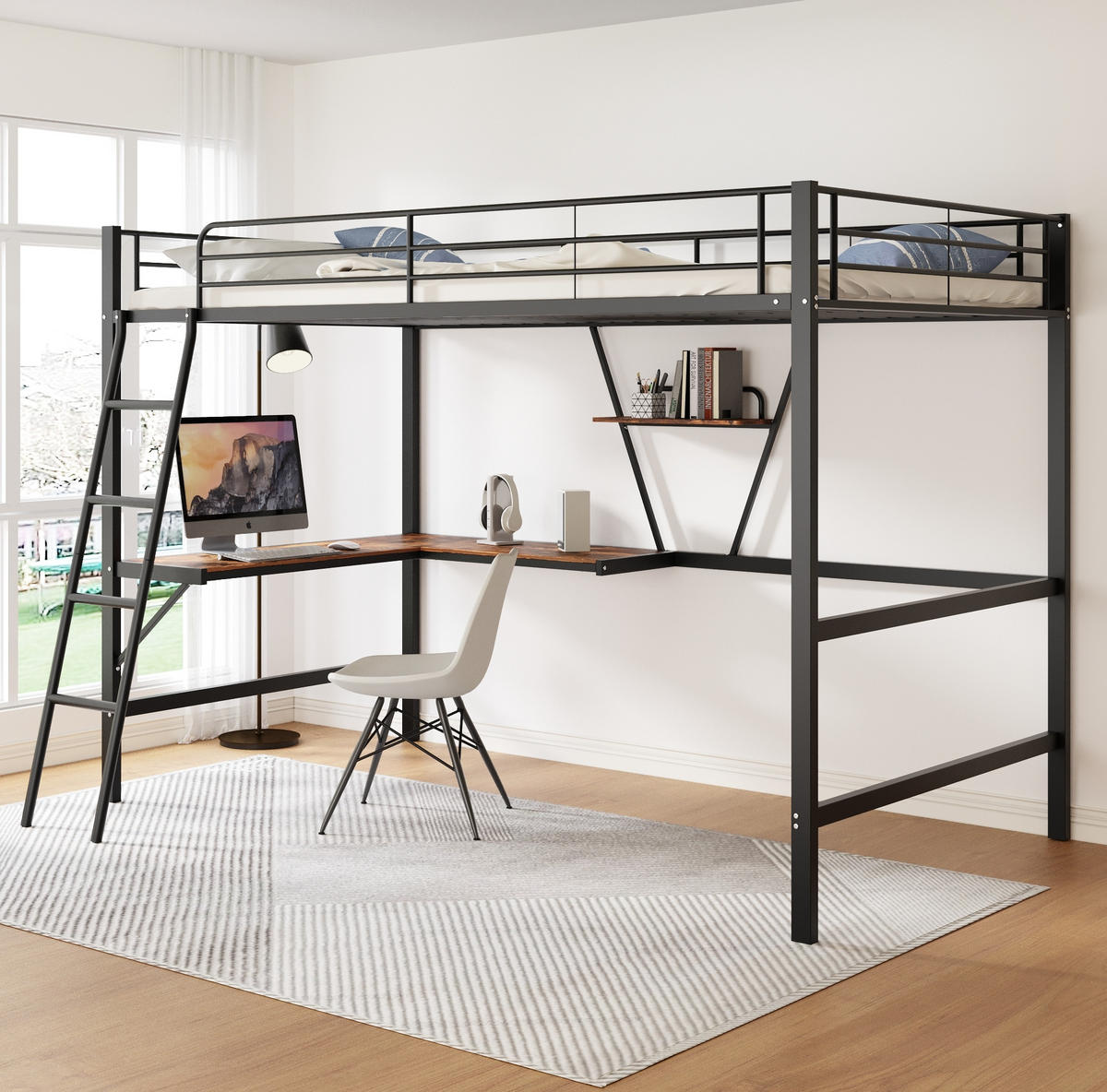 HOCHBETT 90/200 cm Schwarz mit Schreibtisch und Regal - Schwarz, Metall (90/200cm) - MIVRAY