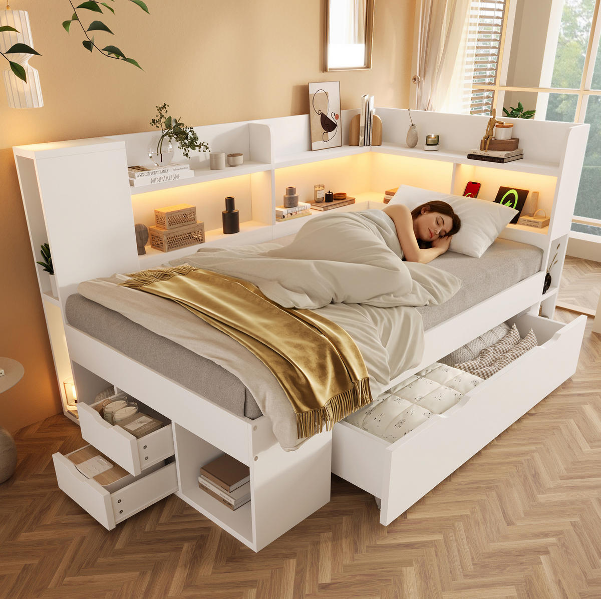 TAGESBETT 90/200 cm mit LED-Beleuchtung, USB- und Typ-C-Anschluss, Stauraum und Matratze, Weiß - Weiß, Holzwerkstoff (90/200cm) - Redom