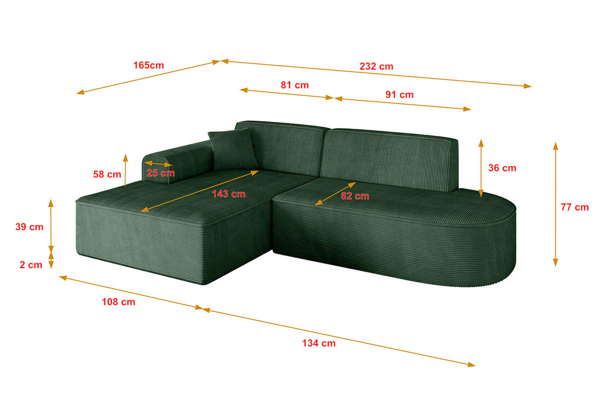 ECKSOFA Ottomane Links IREA-L1-v3 - 232x165x77 cm Grün - Currygelb, Holzwerkstoff/Textil (232/165cm) - ALTDECOR