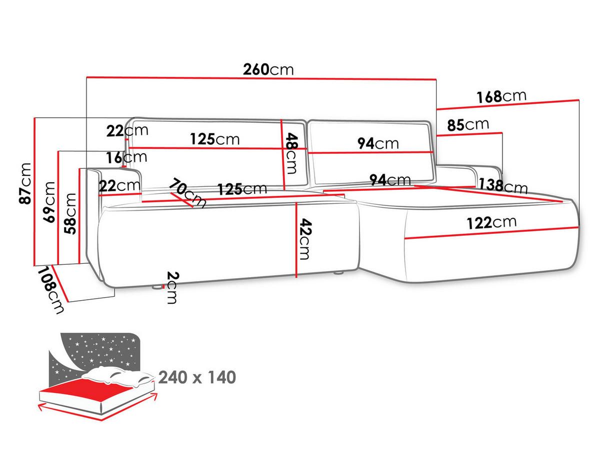 ECKSOFA Mono, Seite: Links - Creme/Schwarz, Holz/Kunststoff (260/168cm) - MIRJAN24