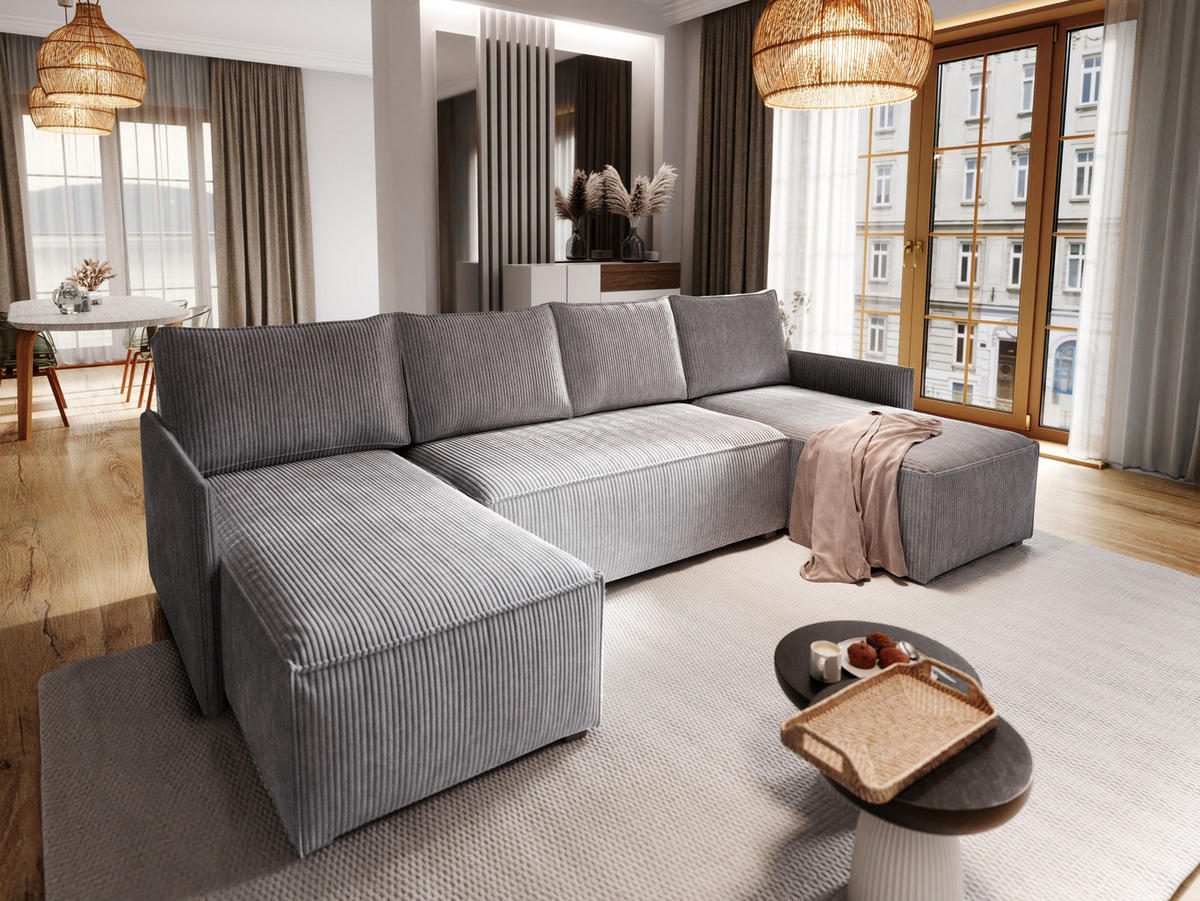 WOHNLANDSCHAFT TRES Grau Kordstoff mit Schlaffunktion - Grau, Holz (271/85/140cm) - MASSENO