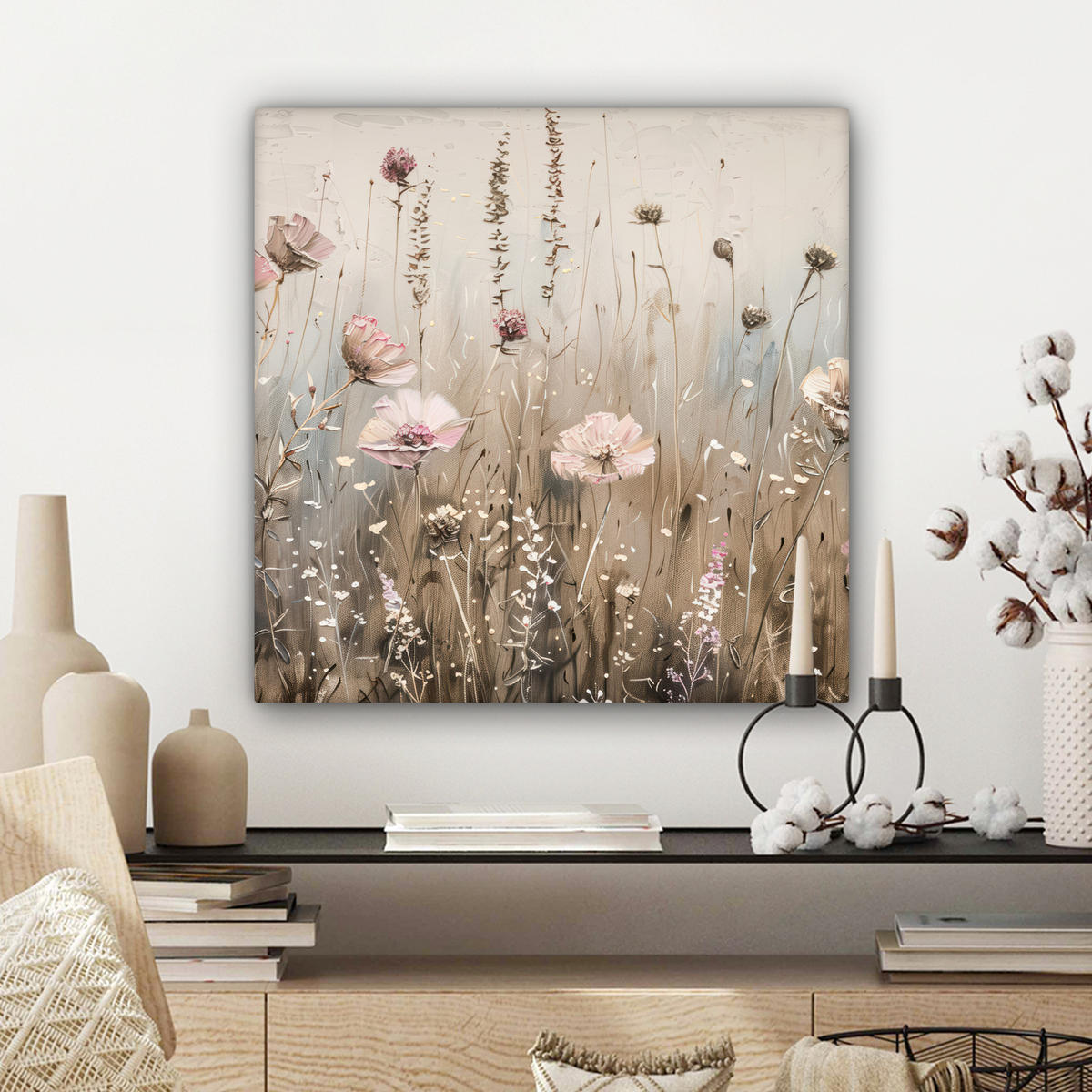 LEINWANDBILD Blumen - Rosa - Modern - Beige Wandbild Wohnzimmer 50x50 cm - Beige, Textil (50/50cm) - MuchoWow