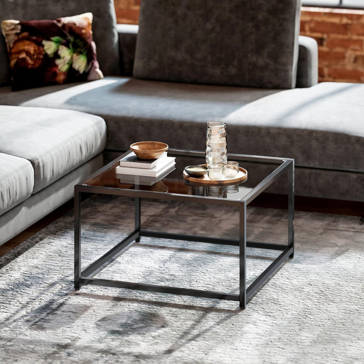 COUCHTISCH 68/68/39 cm Schwarz aus gehärtetem Glas und Stahlrahmen - Schwarz, Glas (68/68/39cm) - OKWISH