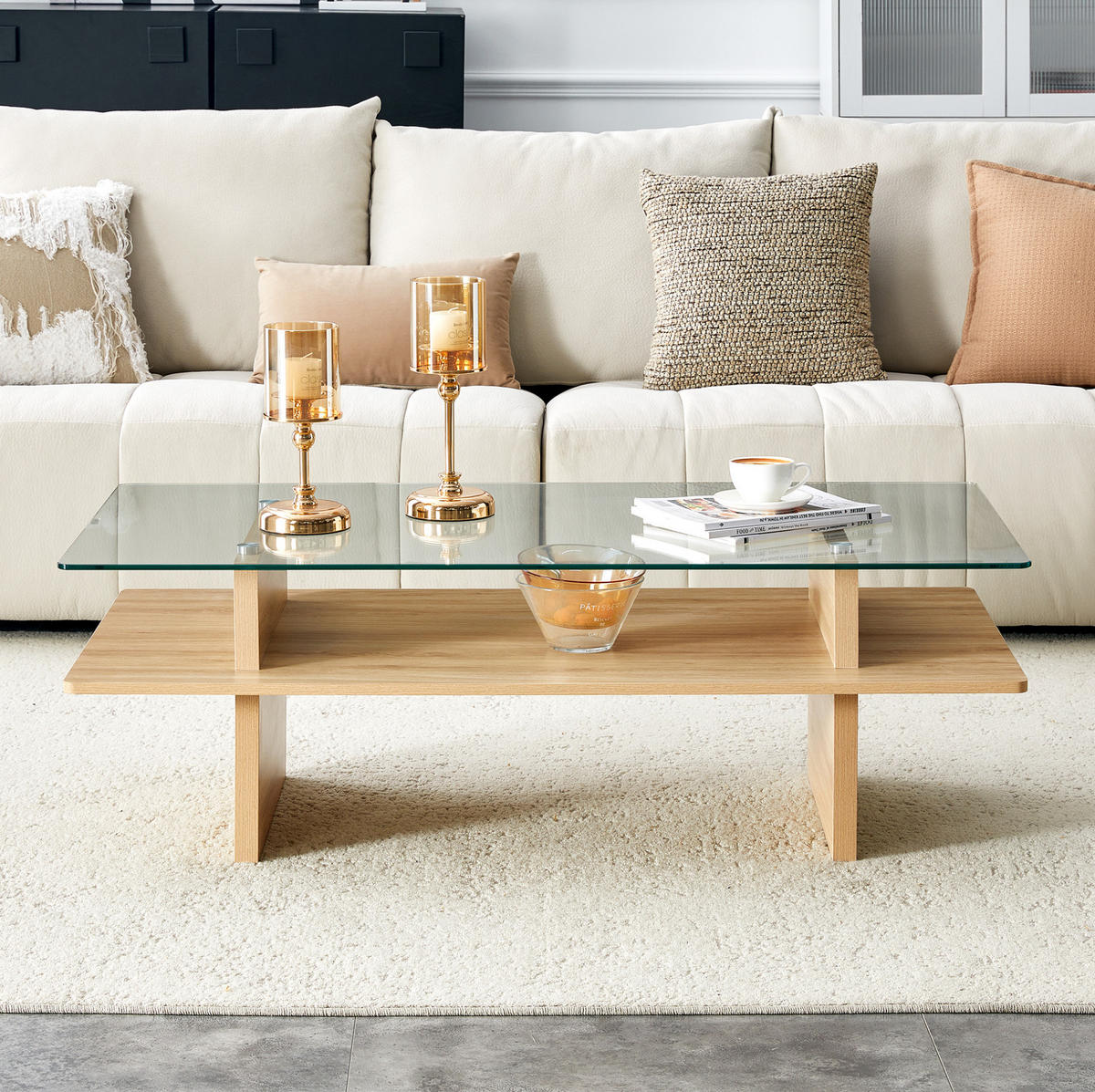 COUCHTISCH aus MDF und gehärtetem Glas in Naturfarben mit 2 Ablagen - Naturfarben, Holzwerkstoff (115/55/40cm) - Modfu