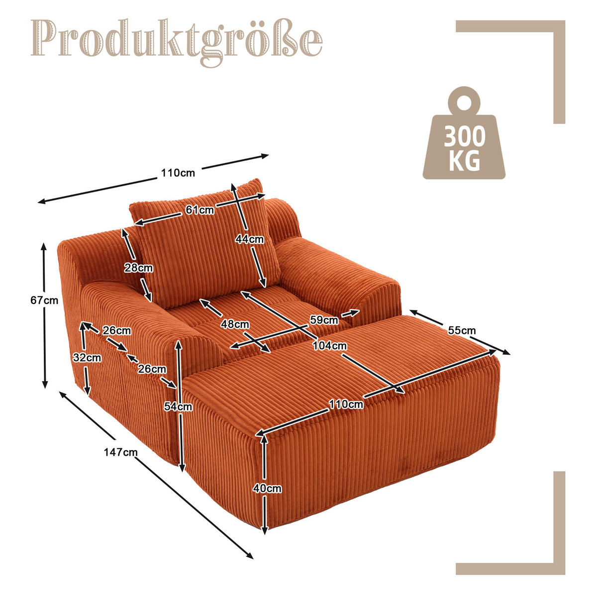 SESSEL mit Hocker in Cord Übergroßer Relaxsessel - Orange, Textil (147/67/110cm) - Urban Meuble
