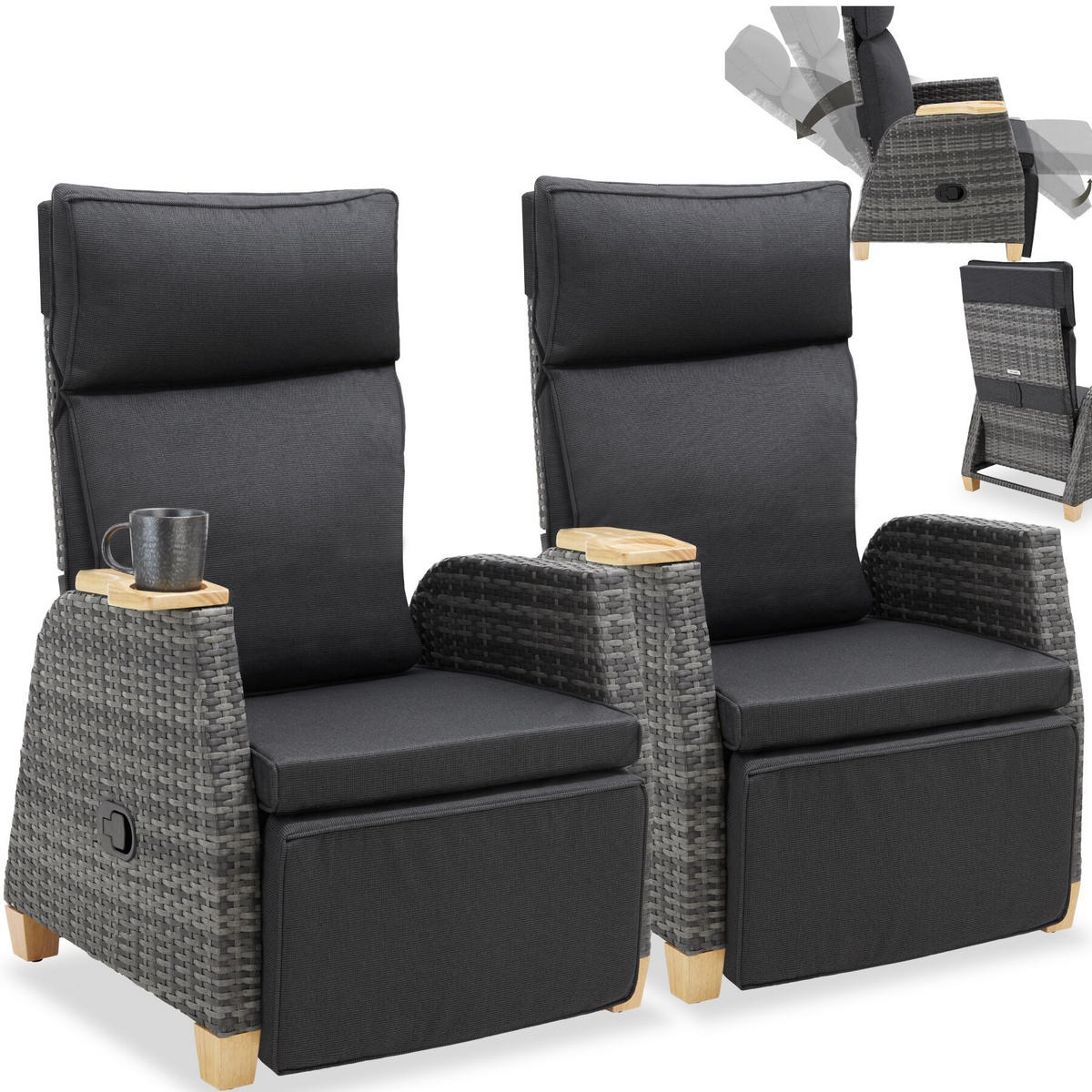 RATTANSESSEL aus Aluminium Pescara, 68,5 x 67 - 128 x 87 - 104 cm, grau - Grau, Kunststoff (68.5/106/129cm) - tectake