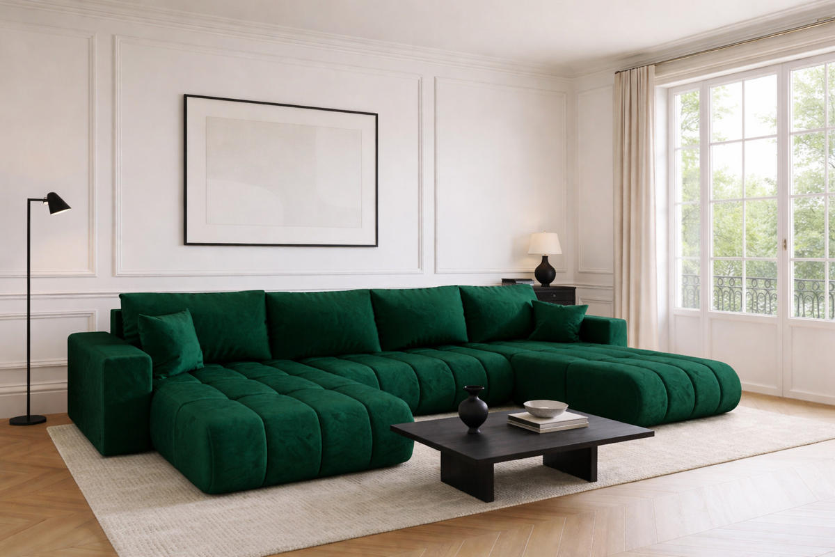 ECKSOFA mit schlaffunktion und bettkasten MILO U PREMIUM, stoff MONOLITH, Grün - Grün, Holz (384/190cm) - Kaiser Möbel