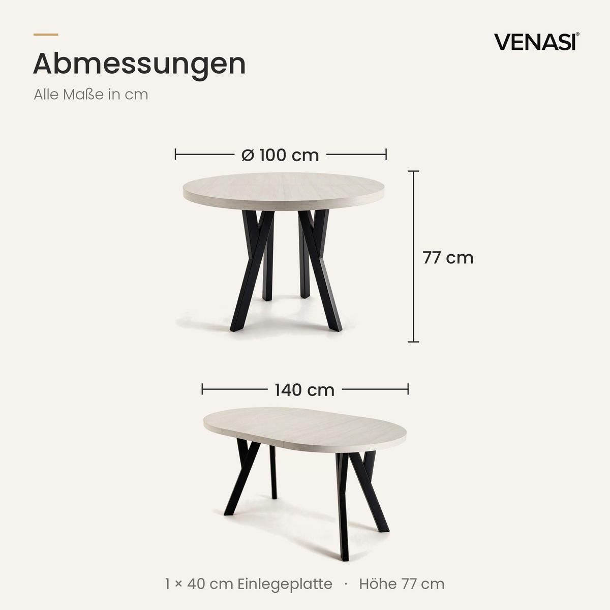ESSTISCH ausziehbar rund 100-140 cm ATO Sosna, Auszugstisch mit Einlegeplatte - Schwarz/Kieferfarben, Holzwerkstoff (100/100/77cm) - VENASI MÖBEL