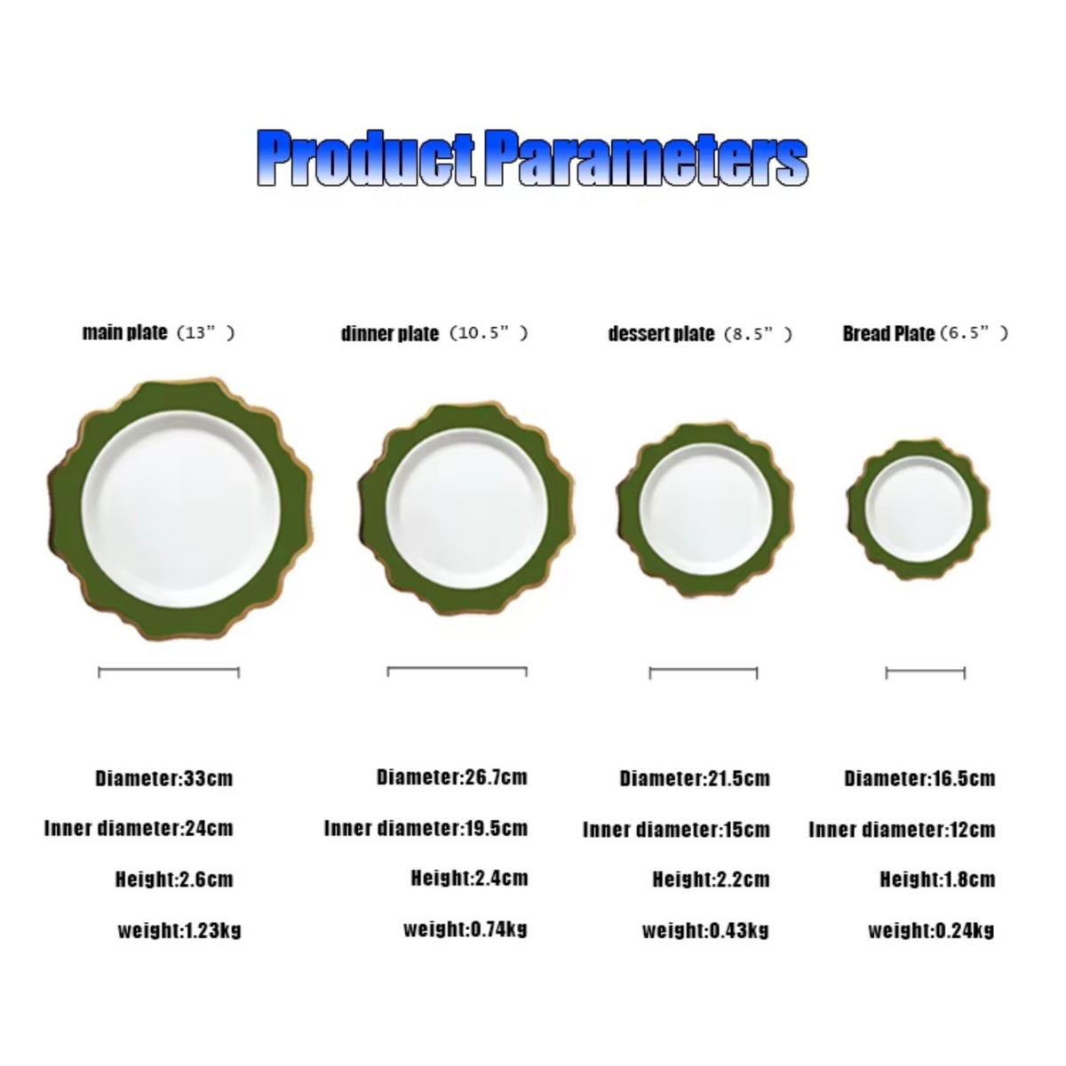 TELLERSET Grün Gold Bone China 4tlg 13" 10,5" 8,5" 6,5" - Grün, Keramik (33/33/3cm) - Quality Elegance