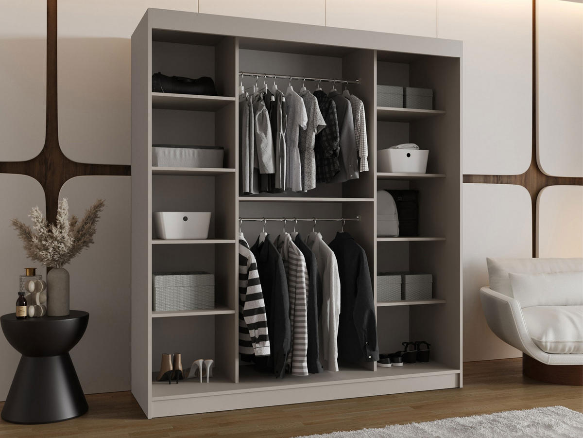 SCHWEBETÜRENSCHRANK Bahrajn 180 mit LED Beleuchtung - Kaschmir/Silberfarben, Holzwerkstoff/Kunststoff (180/200/62cm) - MIRJAN24