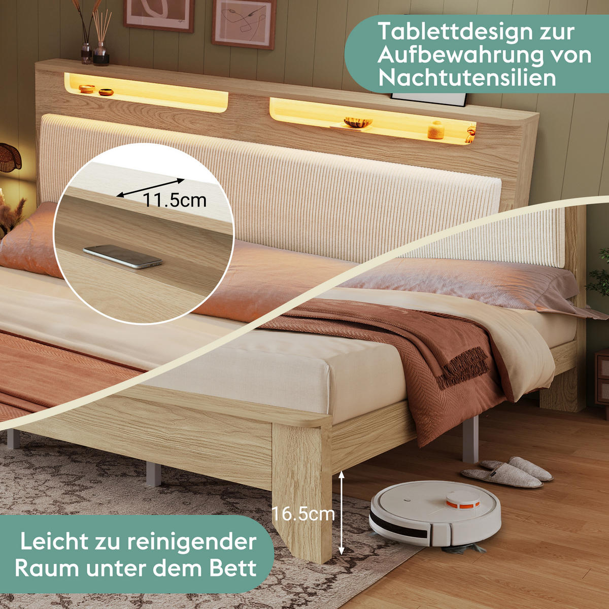 POLSTERBETT 140/200 cm aus Holz und Cordstoff mit LED-Beleuchtung, Stauraum-Kopfteil und Bettbank, Eichefarben/Beige - Beige, Textil (140/200cm) - Redom