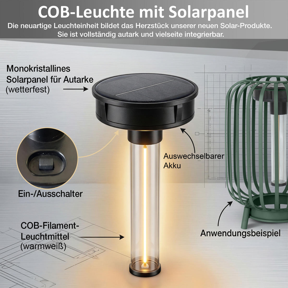 SOLAR-STEHLEUCHTE 3in1 mit COB-LED Solarpanel ELBLIGHT 17x17x68cm Metall Höhenverstellbar grün - Schwarz, Metall (17/17/68cm) - Northpoint
