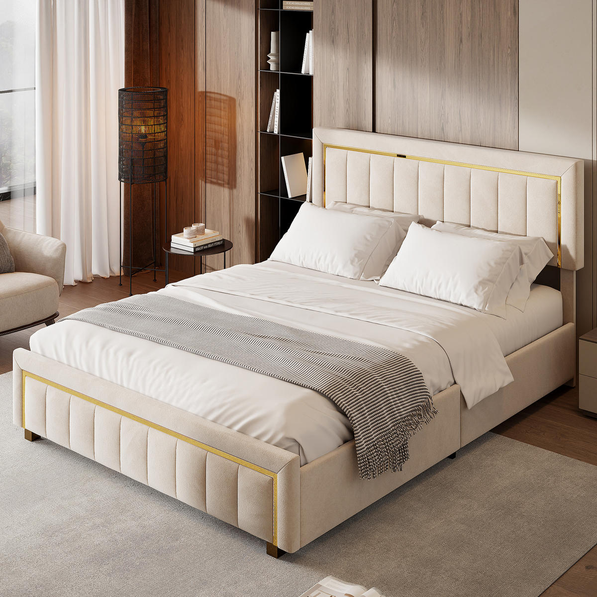 POLSTERBETT 140x190 cm Stauraum Lattenrost Samt Golddekor beige - Beige, Holz (140/190cm) - LEBENLANG