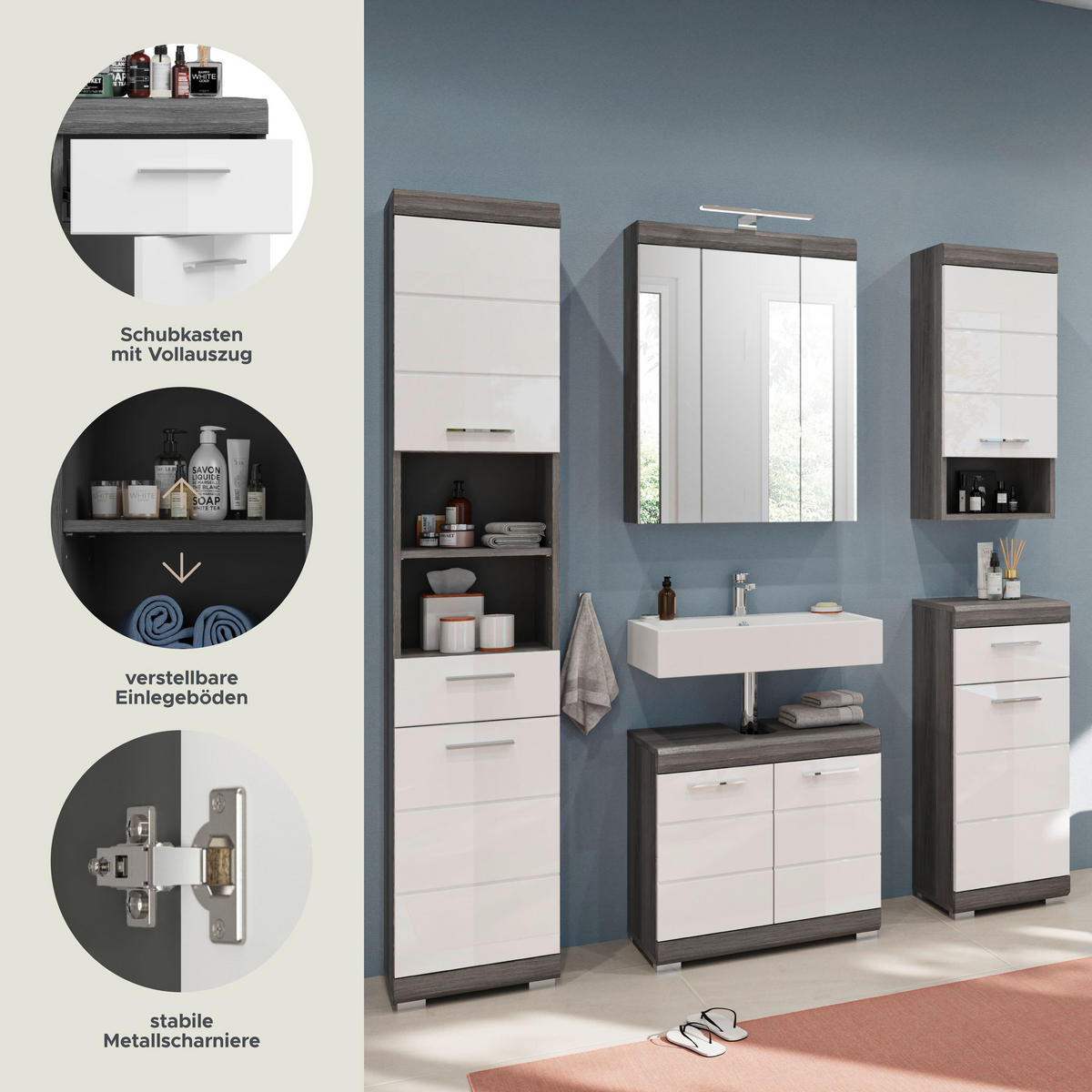 BADKOMBINATION 4tlg. Scout Bad in Rauchsilber Nachbildung und weiß hochglanz B/H/T: 164x191x34 cm - Anthrazit, Holz (164/191/34cm)