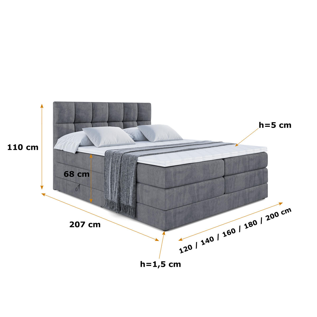 BOXSPRINGBETT RICAR KING - 160x200 - H3/H4 - Dunkelgrau - Dunkelgrau, Holzwerkstoff (160/200cm) - ALTDECOR