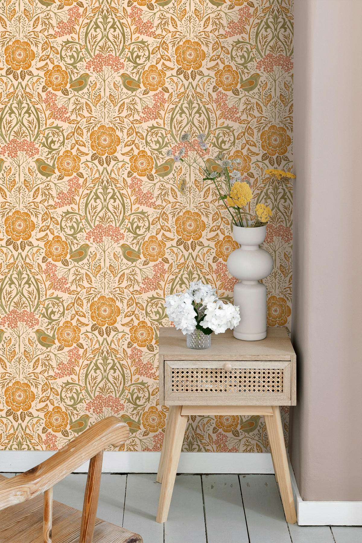 TAPETE Blumen und Vögel im Jugendstil 50 x 900 cm - Orange, Papier (50/900cm) - ESTAhome