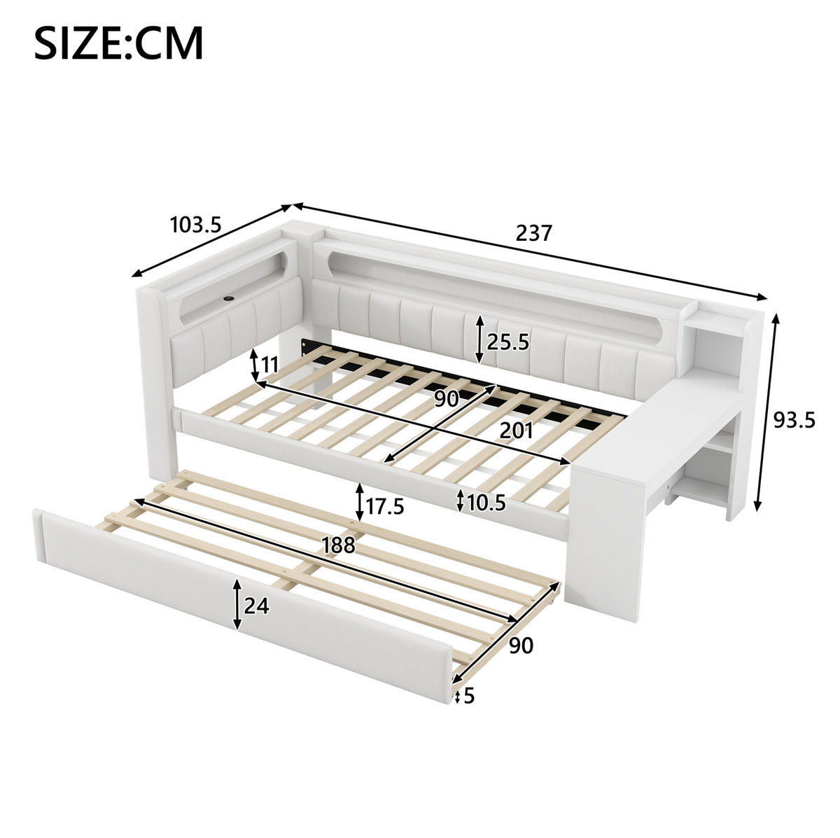 POLSTERBETT 90/200 cm mit LED-Beleuchtung, USB und Ausziehbett in Weiß - Weiß, Holzwerkstoff (90/200cm) - BEAOK
