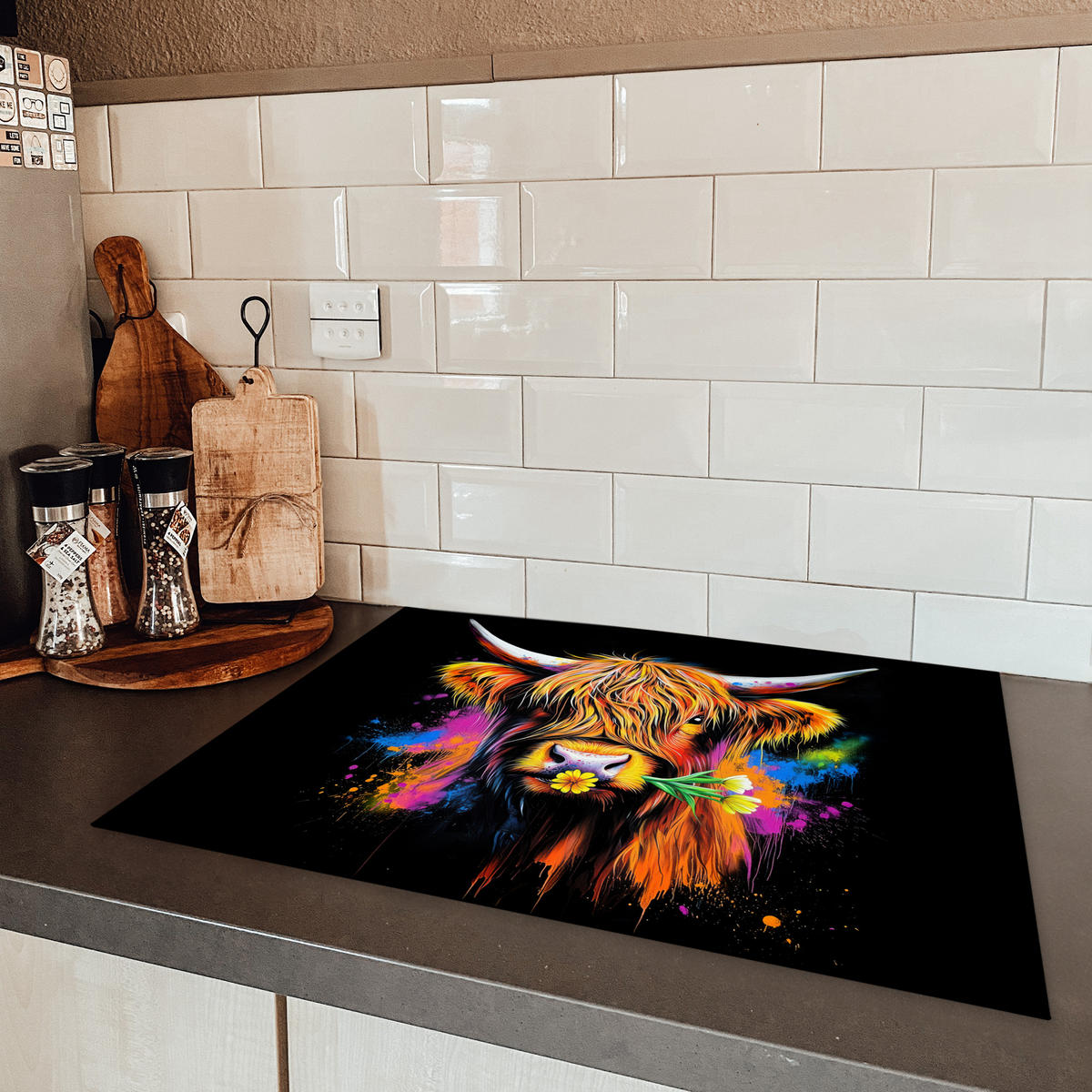 HERDABDECKPLATTE Schottischer Highlander - Graffiti - Bunt - Blume - Tiere Herdabdeckung Induktionsfeld 70x52 cm - Multicolor, Kunststoff (70/52/0.2cm) - MuchoWow