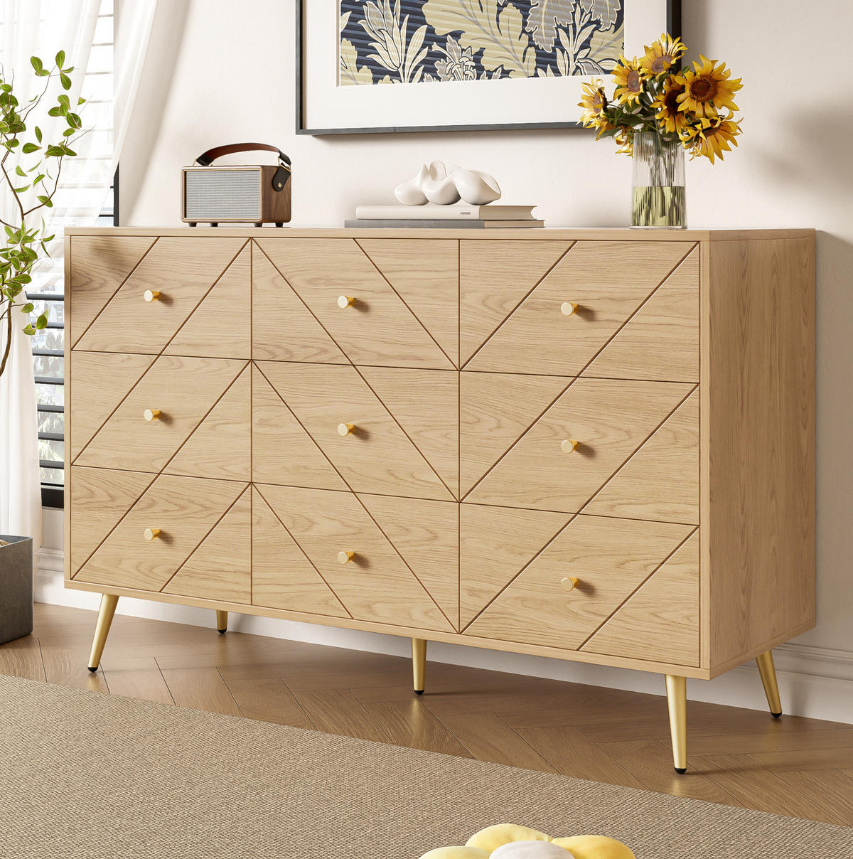 KOMODA z 9 predali v naravni barvi, 120/39/80 cm - naravne barve, leseni material (39/80/120cm) - OKMYHOME
