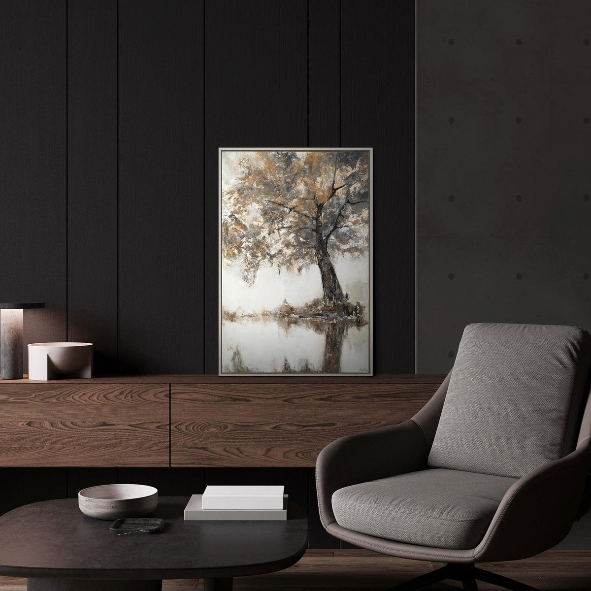 GEMÄLDE Lyrischer Baum Schattenfugenrahmen Beige 60x40 cm - Beige, Holz (60/40cm) - YS-art gallery