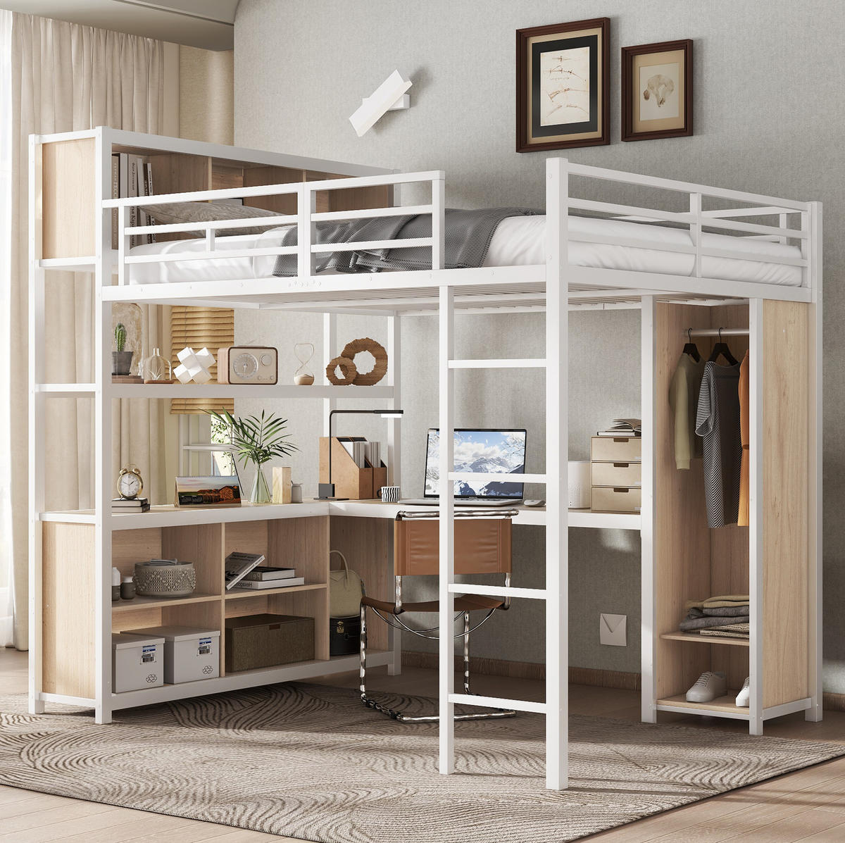 HOCHBETT 140/200 cm aus Metall und Holzwerkstoff mit Schreibtisch und Kleiderschrank Weiß/Natur - Weiß, Metall (140/200cm) - Modenvie