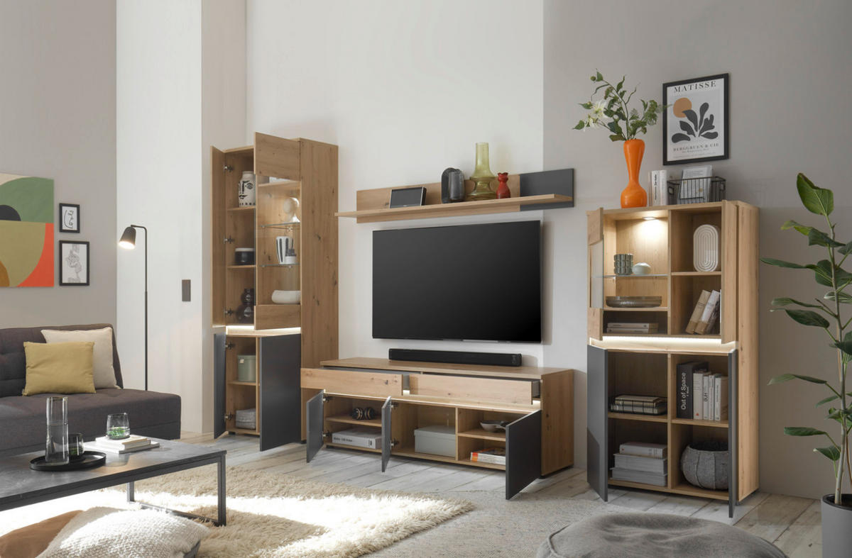 WOHNWAND Limoges 310/200/38 in Artisan Eiche Nb., anthrazit - Braun, Holz (310/200/38cm) - moebel dich auf