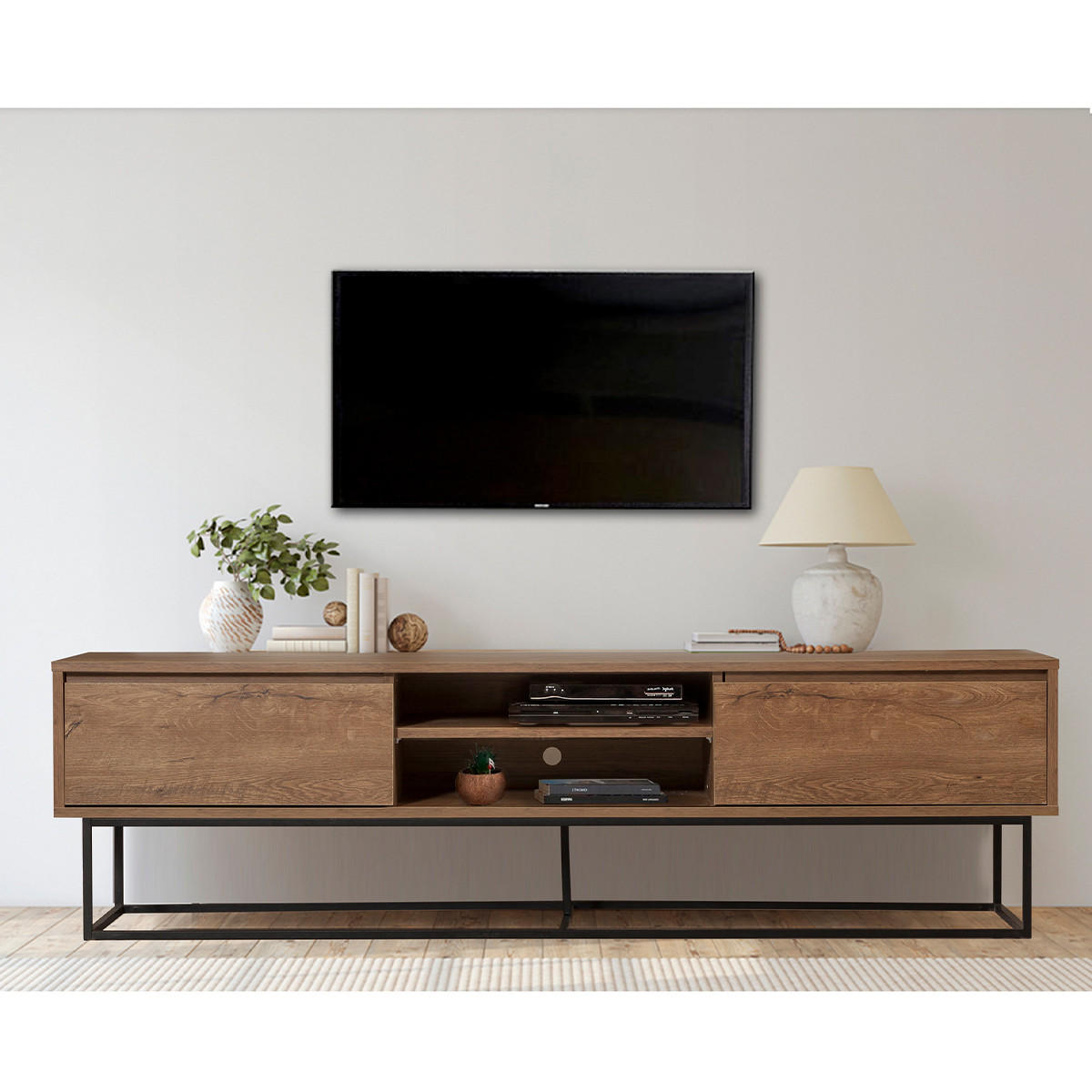 TV-MÖBEL 2 Nischen 2 Schubladen Nussbaum Dekor L180 cm - Rodez - Nussbaumfarben, Holzwerkstoff (40/50/180cm) - Calicosy