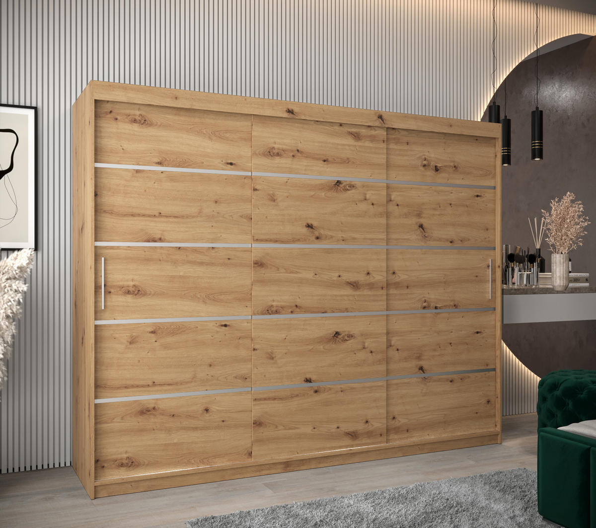 SCHWEBETÜRENSCHRANK 200/250/62 3-türig - Silberfarben/Eiche Artisan, Holz/Kunststoff (250/200/62cm) - Abiks Möbel