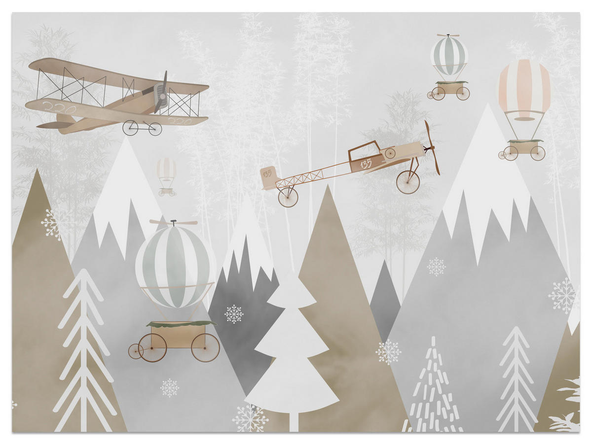 FOTOTAPETE für Kinderzimmer Flugzeuge Bergen Bäume 500x350 - Beige/Braun, Papier (500/350cm) - Muralo