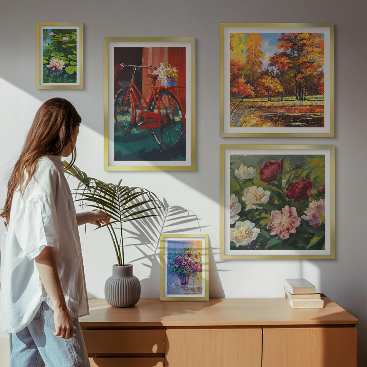 WANDBILDER 5er Set - 50x50 cm & 20x30 cm & 40x60 cm Goldrahmen - Seerosen, Fahrradblumen - Goldfarben, Kunststoff (40/60cm) - ArtPrintCave