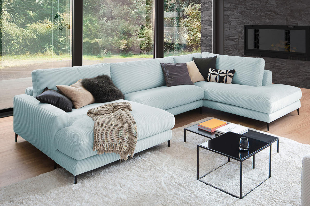 WOHNLANDSCHAFT CARA Hellblau Cord - Schwarz/Hellblau, Textil (341/84/223cm) - KAWOLA