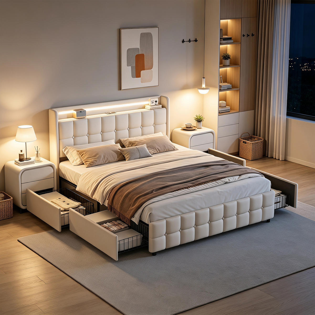 POLSTERBETT 140x200 mit Stauraum, Bettgestell 140x200 mit 4 Schubladen, Kopfteil mit USB und LED, Lattenrost, Bezug aus Leinen, Beige - Beige, Holz/Holzwerkstoff (140/200cm) - GENKI LIVING