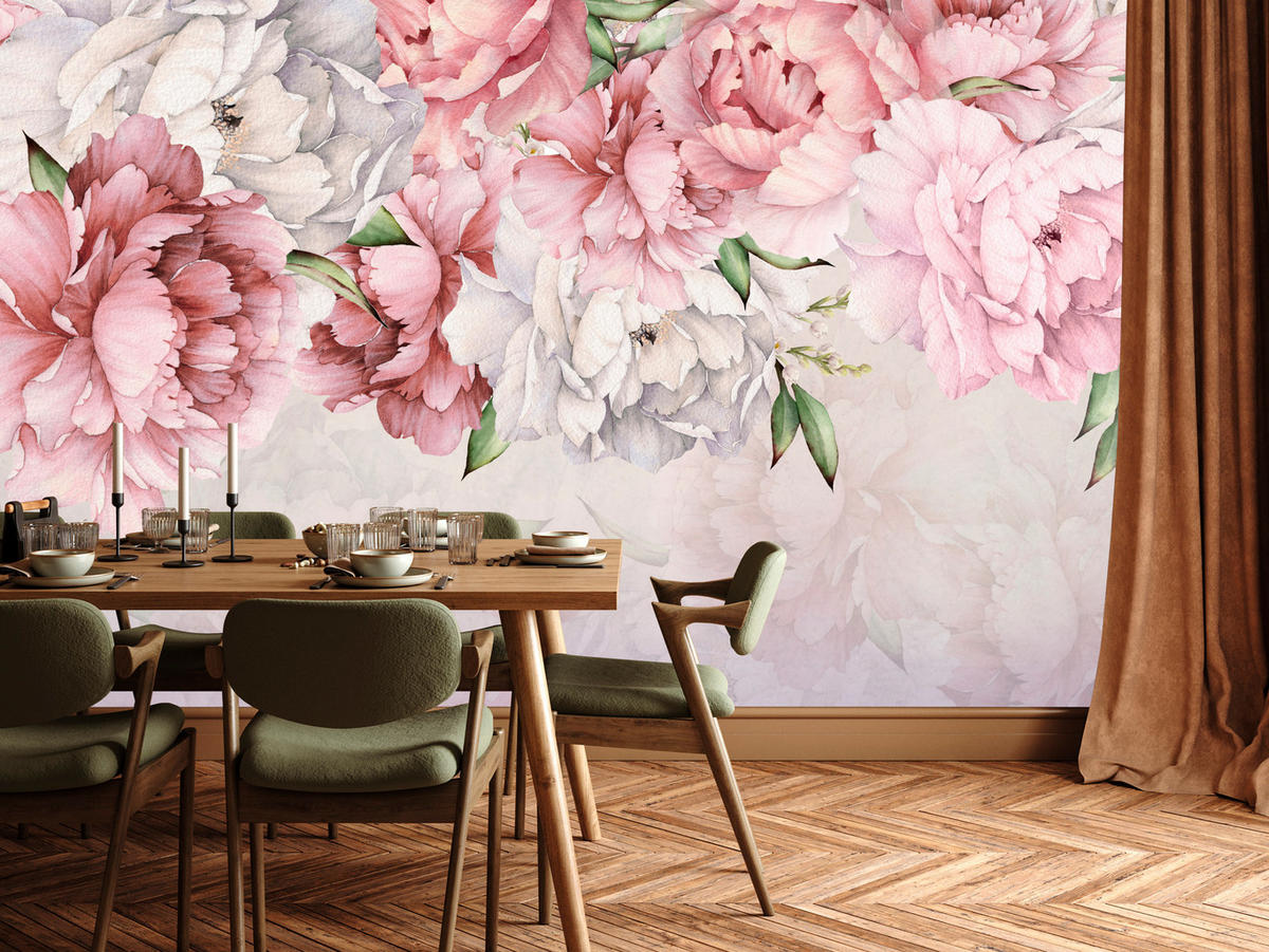 FOTOTAPETE für Badezimmer Zarte Rosa Pfingstrosen Blumen 200x140 - Violett/Rosa, Papier (200/140cm) - Muralo