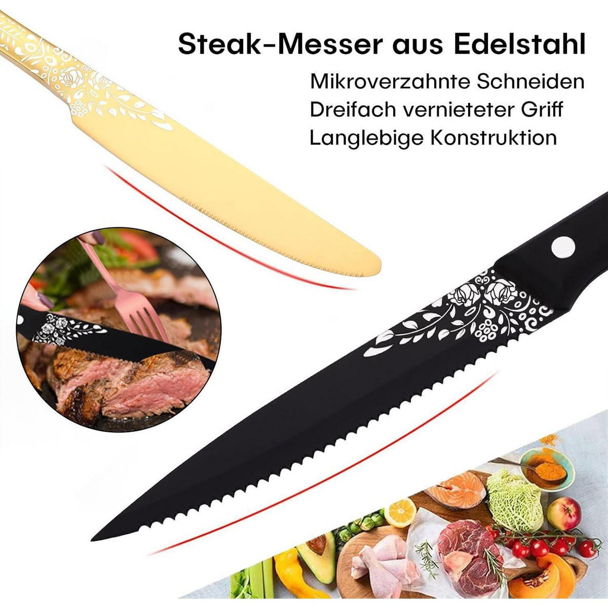 BESTECKSET 36-teilig Gold für 6 Personen mit Steakmessern - Goldfarben, Metall