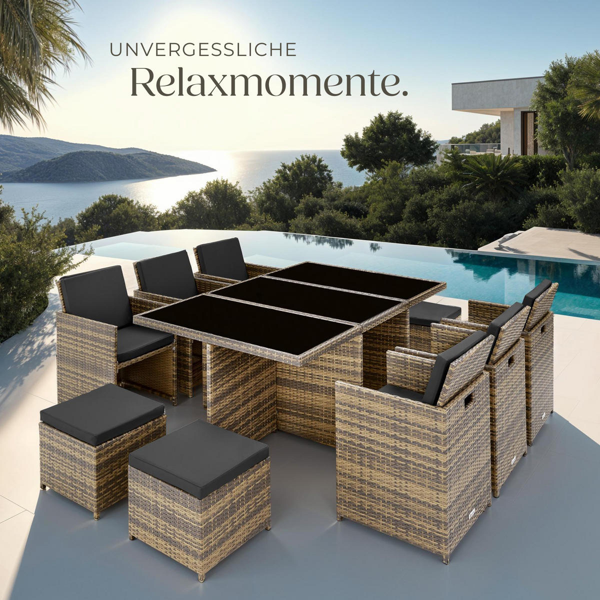 RATTAN SITZGRUPPE New York,2 Bezugssets, zusammenschiebbar, inklusive Schutzhülle,natur - Naturfarben, Kunststoff - tectake