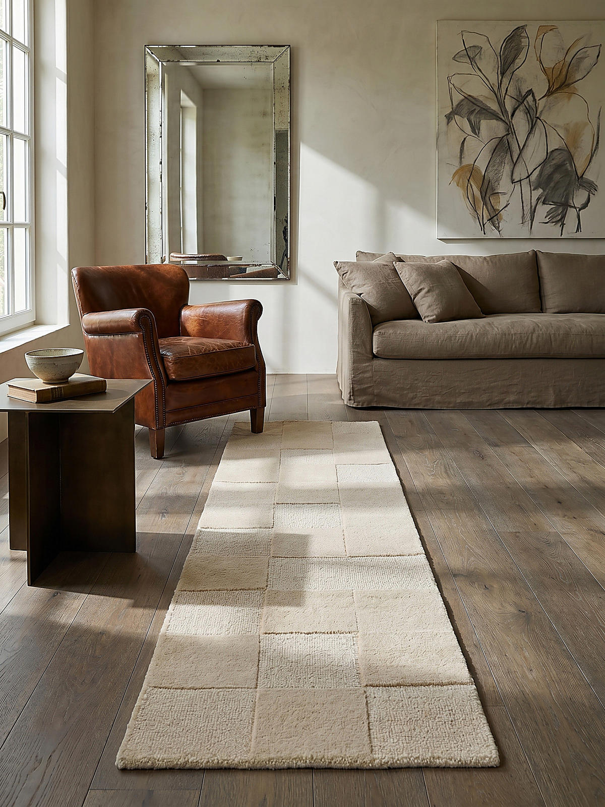 WOLLTEPPICH DEBEN, mit Schachbrettmuster, Natur, 60 x 230 cm - Beige, Textil (60/230cm) - KADIMA DESIGN