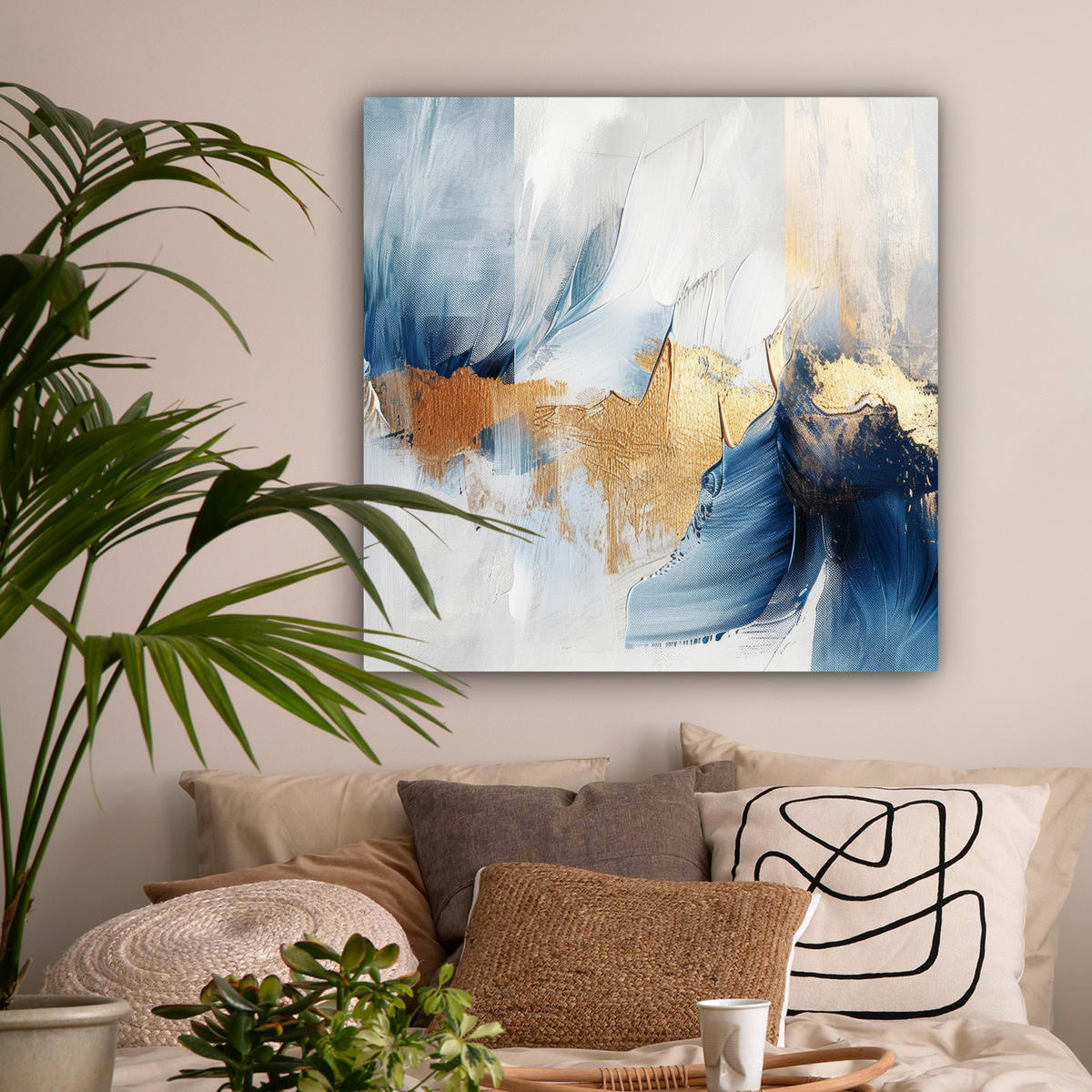 LEINWANDBILD Gold - Blau - Aquarell - Kunst - Modern Deko Groß 90x90 cm - Hellblau, Textil (90/90cm) - MuchoWow