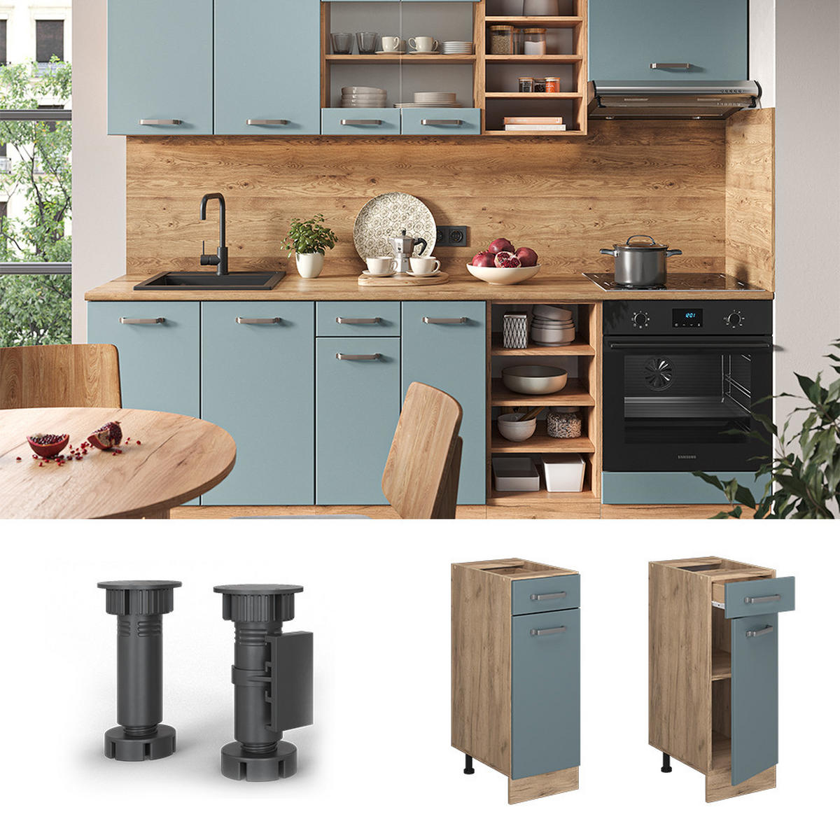 KÜCHENUNTERSCHRANK R-Line Blau-Grau 30 cm, AP Anthrazit - Honigeiche/Eiche Wotan, Holzwerkstoff (30/81.6/60cm) - Vicco