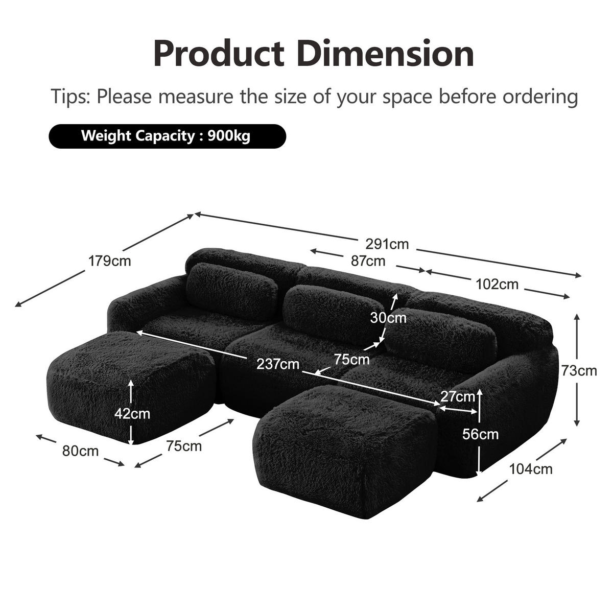 3-SITZER Sofa 291x179x73 cm aus Plüschstoff rahmenlos modular mit 2 Ottomans, schwarz - Schwarz, Textil (179/73/291cm)