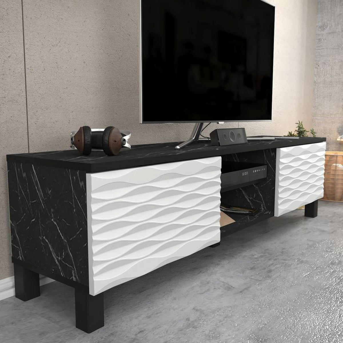 TV-ELEMENT Lukas Schwarzer Marmor Weiß - Schwarz/Weiß, Holzwerkstoff (150/40.3/35cm) - Decorotika