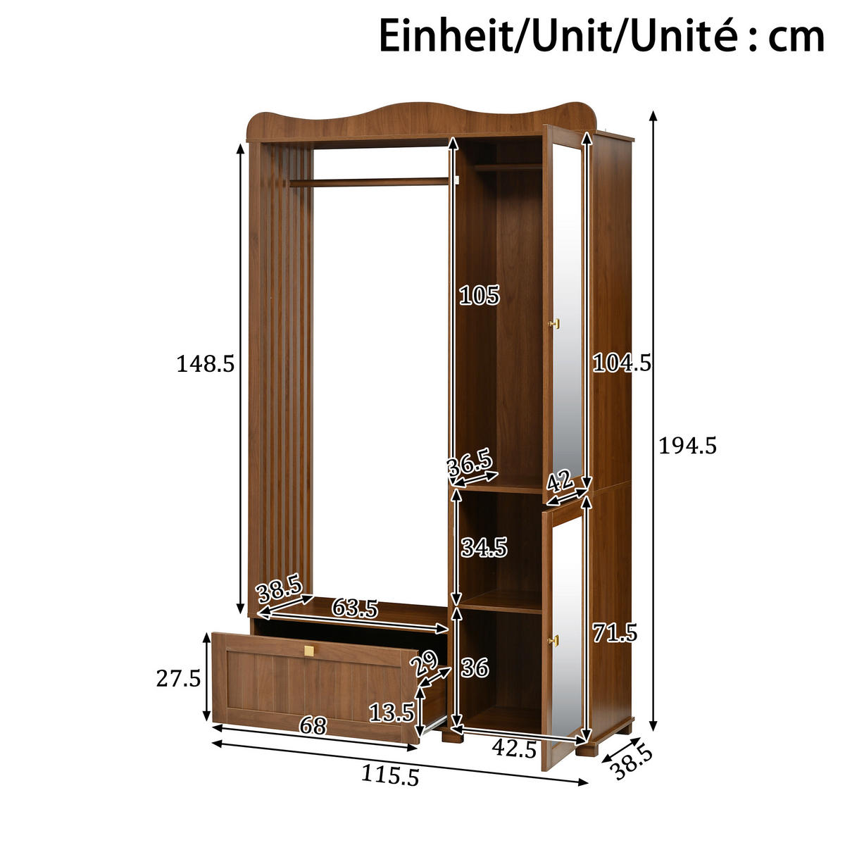 GARDEROBENSCHRANK Spiegel Kleiderstange Schublade - Nussbaumfarben, Holz (115.5/194.5/38.5cm) - LEBENLANG