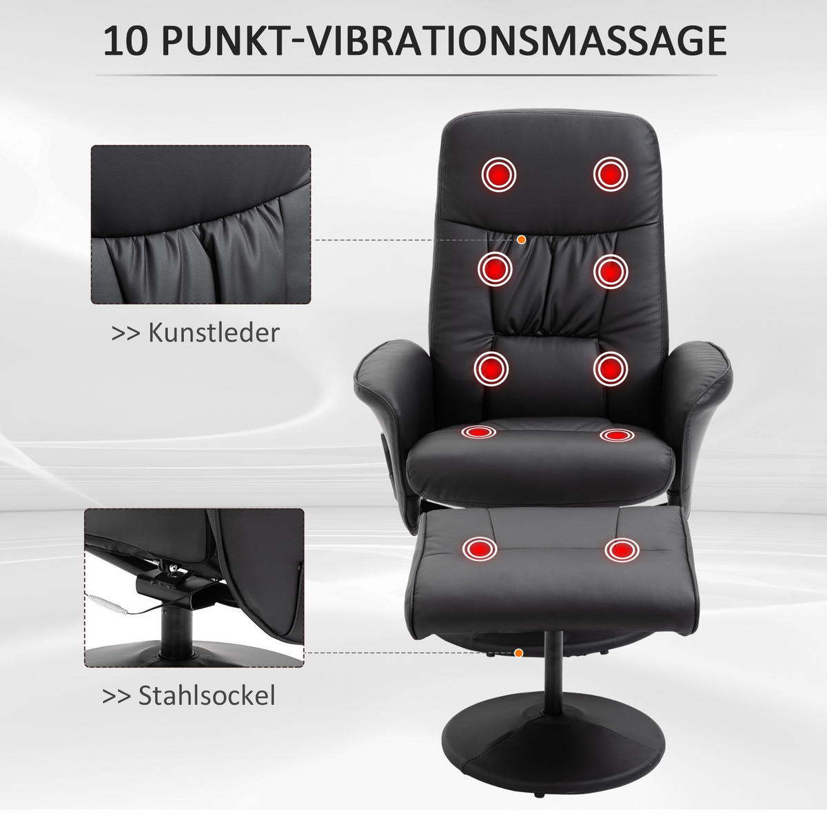 RELAXSESSELSET 76/81/105 cm in Schwarz mit Hocker, Massagefunktion und Liegefunktion - Schwarz, Kunststoff (81/105/76cm) - Flora Grace