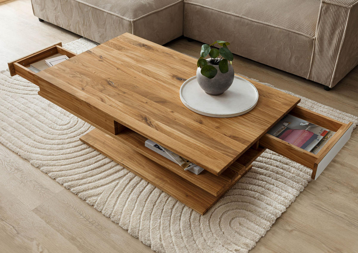 COUCHTISCH Wildeiche 120x70x45 natur geölt / Glas weiß WIEN #101 - Naturfarben, Holz (120/70/45cm) - Massivmoebel24