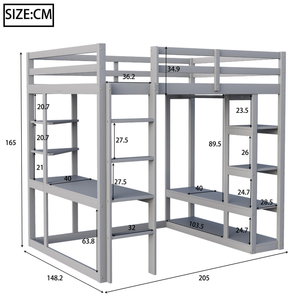HOCHBETT aus Kiefernholz 140x200 cm Grau mit Schreibtisch, Regalen und Garderobenbereich - Grau, Holzwerkstoff (140/200cm) - Modfu