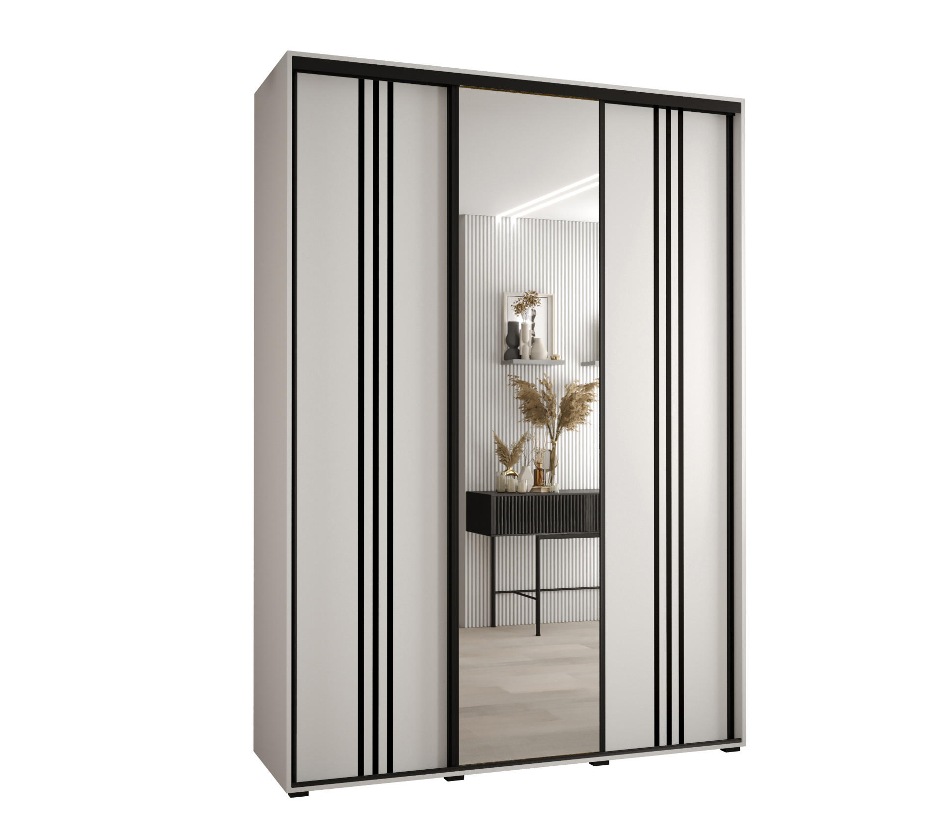 Abiks Möbel Schwebetürenschrank Weiß, Weiß, Schwarz 170x235x45 cm